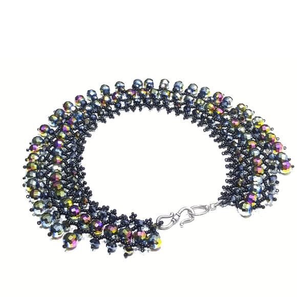 Handmade Czech Fire Polished Beaded Collar Necklace Black Seed Beads 16" - Picture 10 of 10